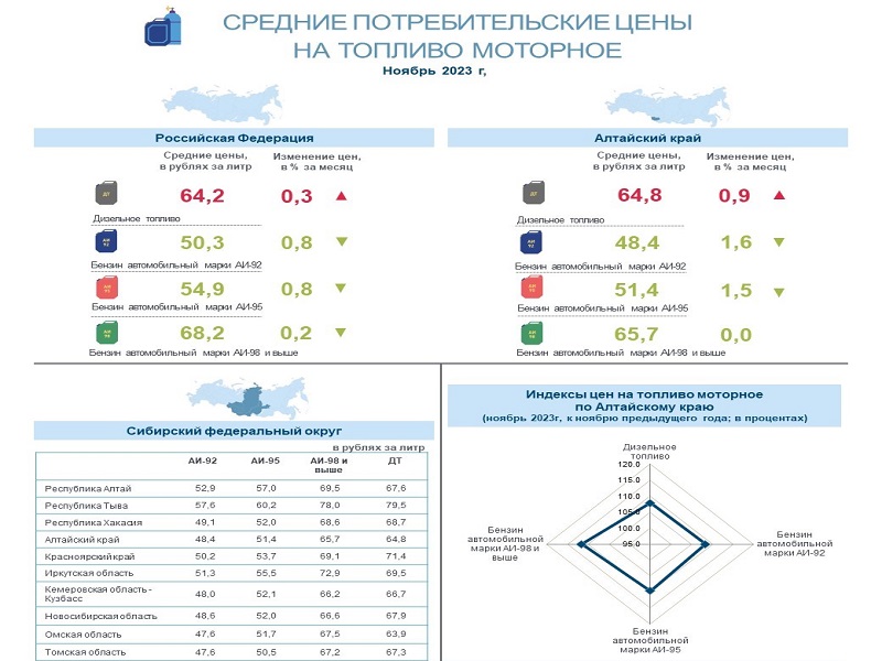 О потребительских ценах на бензин и дизельное топливо  в Алтайском крае в ноябре 2023 года.