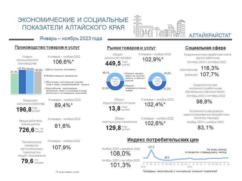 Алтайкрайстат опубликовал доклад «Социально-экономическое положение Алтайского края. Январь – ноябрь 2023 года».