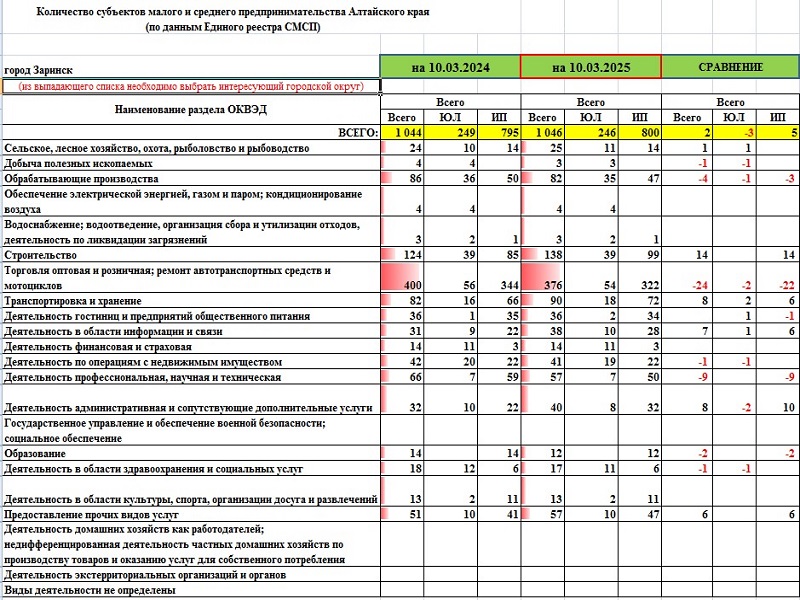 Количество субъектов малого и среднего предпринимательства Алтайского края в г. Заринске.